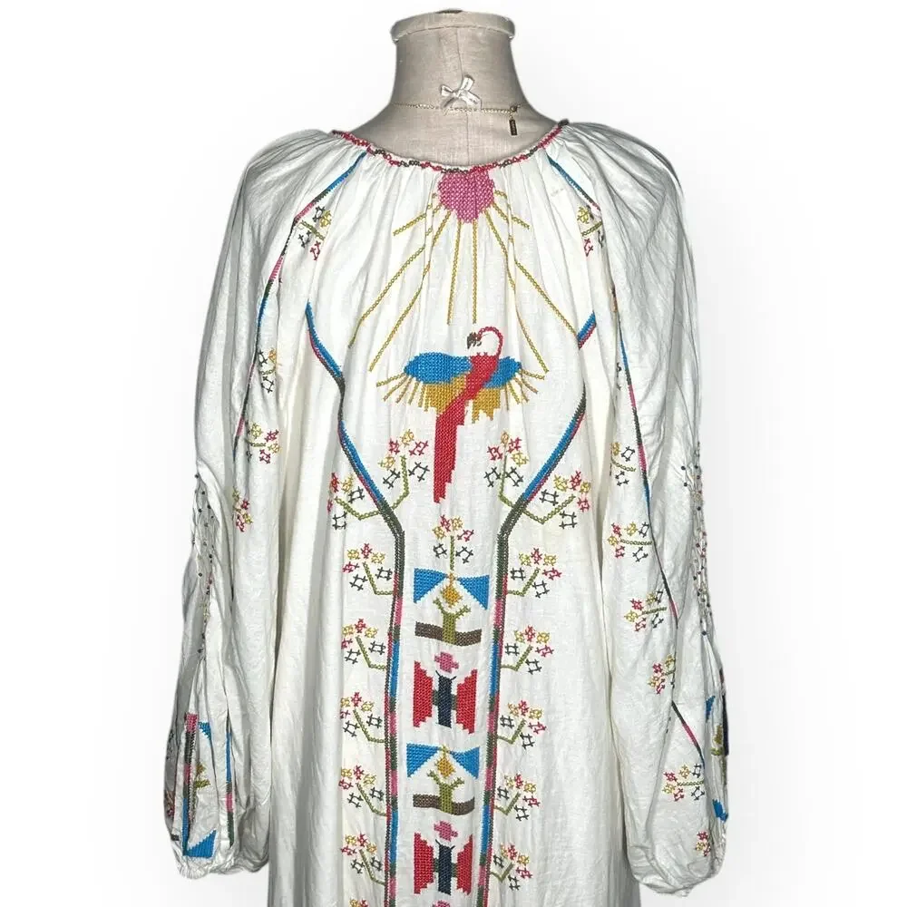 FARM RIO Macaw Embroidered Beaded Maxi Dress Caftan Tapestry Ethereal Wedding - Picture 11 of 15